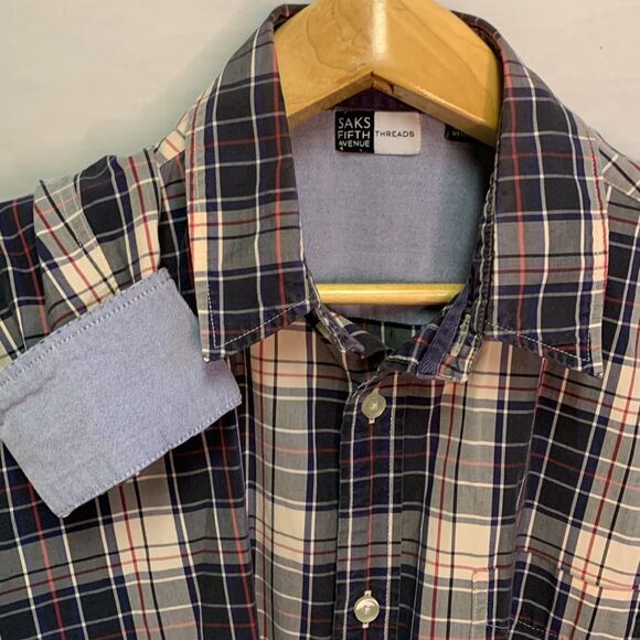 Saks Fifth Avenue Threads Blue Red Tan Plaid Cotton LS Button Up Shirt Size M - Picture 2 of 12